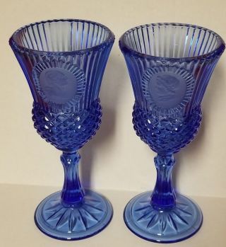 Vintage Fostoria Avon 1976 George & Martha Washington Blue Glasses Goblets