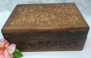 Vintage Hand Carved Wooden Box Hinged Lid Wood Trinket Jewelry
