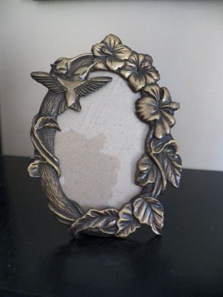 Metal Picture Frame With Flower And Hummingbird Brass Colored 4 X 3