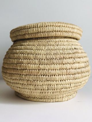 Vintage 6.  5x7.  5 Round Wicker Wrapped Coil Snake Charmer Style Basket w/Snug Lid 3