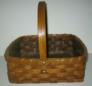 Vintage Woven Wicker Basket With Wooden Handle And Metal Studs