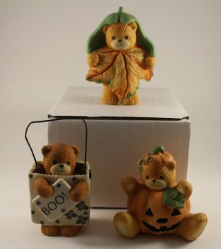 Lucy & Me Bear Set Of 3 Halloween Leaf - Boo Box - Pumpkin Rigg Enesco Figurine