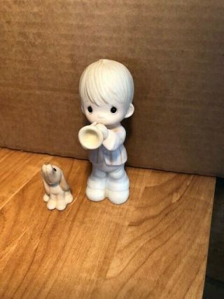 Precious Moments Figurine 12394 He Is My Song (1984 Boy Blowing Horn W Dog) W/box