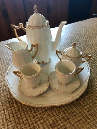 White And Gold Porcelain Miniature Tea Set,  10 Piece