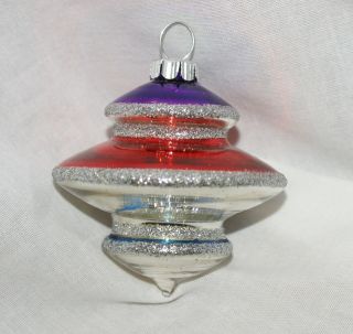 Radko Retro Shiny Brite Sphere Ufo Top Christmas Ornament Silver Glitter Multi
