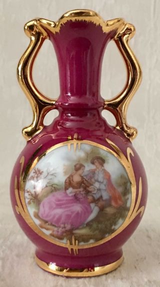 Limoge France Miniature Double Handle Porcelain Vase With Gold Trim