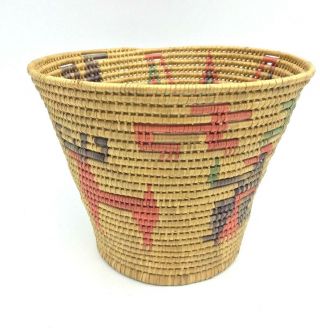 Vintage Native Tribal Hand Weaved Grass Basket Jar Animal And Man Color Pattern