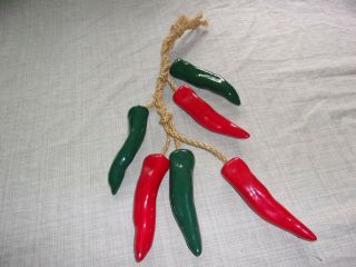 Vintage Hanging Ceramic Chili Peppers Red Green Rope Wall Decor Decoration