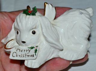 Vintage Napco " Merry Christmas " White Puppy,  Dog Figurine,  Holly Bow Angel Wings