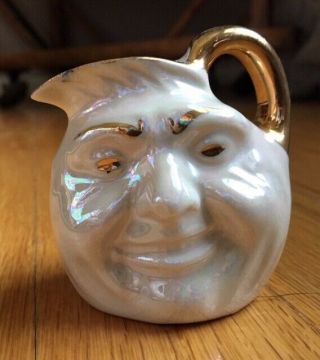 Vintage Man In The Moon Face Mini Pitcher Creamer Iridescent With Gold