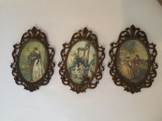 Vintage Set Of 3 Action Handcrafted In Italy Oval Framed Pictures