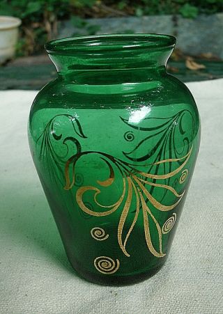 Vintage Emerald Green Glass Vase Gold Leaf Designs 1970s Leaves Plants Glassware