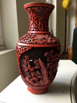Old Vintage Chinese Red Carved Floral Cinnabar Vase
