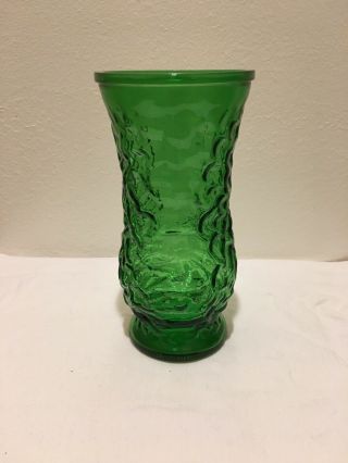 Vintage Hoosier Glass Emerald Green Flower Vase Crinkled Pattern 1970s 8 1/2”