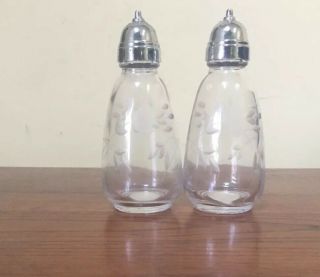 Princess House Etched Glass Salt & Pepper Shakers Floral Images 4 "