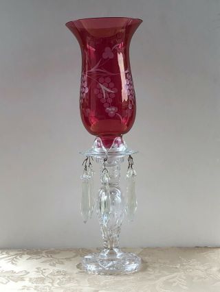 Vintage Prism Cranberry Glass Hurricane Candle Holder