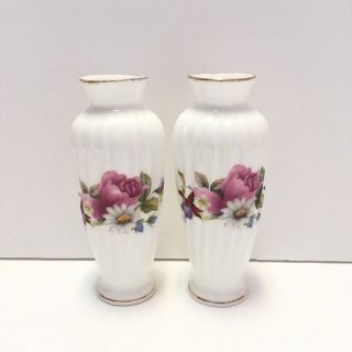 Set Of Two Vintage Flambro Summer Rose Fine Bone China Ribbed Vases