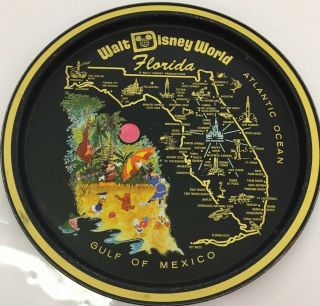 Vintage Florida State Walt Disney World Souvenir Black Tin Tray Plate 11 " Across