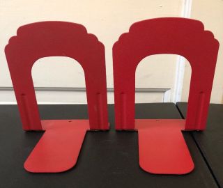 2 Vintage Mid Century Industrial Red Metal Book Ends 5 1/2” Tall -