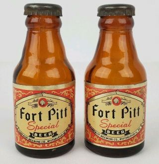 Vintage Fort Pitt Special Beer Miniature Glass Bottle Salt & Pepper Shakers