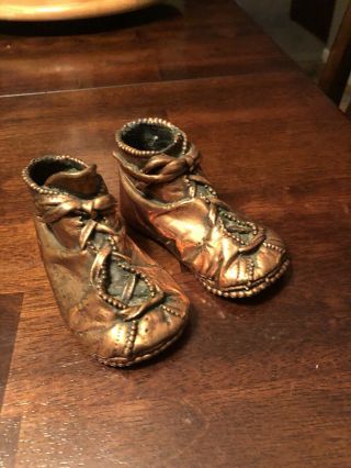 Sweet Cute Vintage 1940s Copper Bronzed Little Baby Shoes With Laces