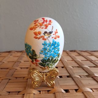 Vintage Easter Egg Decoration Hand Painted Flowers Bird Oriental Signed Stand