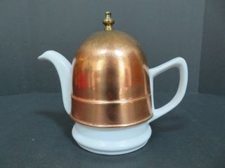 Vintage White Ceramic Teapot With Copper Cover With Insulating Lining