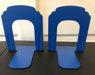 2 Vintage Mid Century Industrial Blue Metal Book Ends 5 1/2” Tall -
