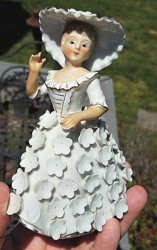 5.  5 " Vintage Porcelain Figurine Lady White Flower Dress Hat Gold Trim