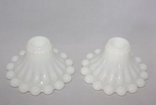 Pair Vintage White Milk Glass Candlewick Taper Candle Holders Balls Ribs
