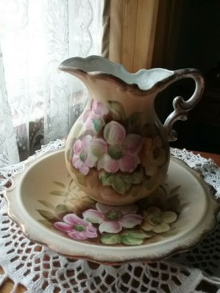 Vintage Ardco Floral Pitcher And Bowl Set With Gold Trim (japan)