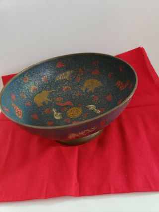Sm Brass Painted Enamel Footed Bowl Trinket Dish Elephants,  Deer,  Birds