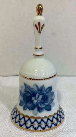 Limoges China Porcelain Blue & White Floral Bell - Gold Trim - 5 1/2 " Tall