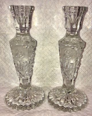 Vintage Elegant Clear Decorative Glass Candle Stick Holder Set Rose Etched