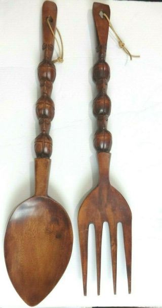 Vintage Wood Large Fork And Spoon Wall Decor Carved Tiki 27 "