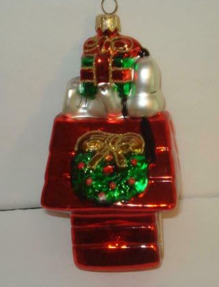 Polonaise Blown Glass Snoopy Doghouse Christmas Ornament Presents