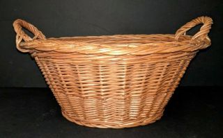 VINTAGE WICKER RATTAN WOVEN OVAL BASKET WITH HANDLES 13.  5 