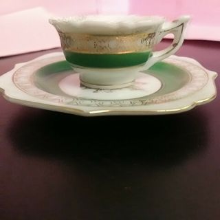 Made In Occupied Japan Mini Tea Cup & Saucer,  Green,  White & Gold Pattern