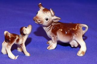 Adorable Vintage Miniature Fine Bone China Figurines Momma & Baby Brown Cows