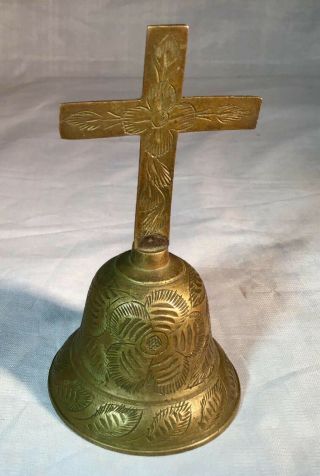 Brass Bell Of Sarna India Cross Etched Vintage