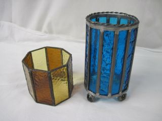 2 Stained Glass Candle Holders Footed 6 " X 3.  5 " Blue & Octagon 3 " X 3.  75 " Amber