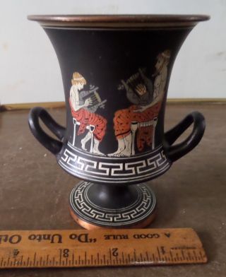 Vintage Matte Black And Gold Greek Mythology 2 Handled Vase 4.  5 " Tall
