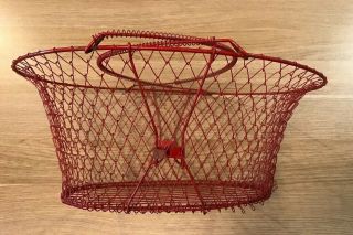 Vintage Red Painted Metal Wire Basket,  Large,  Oval,  Collapsible