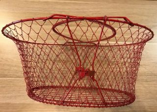 Vintage Red Painted Metal Wire Basket,  Large,  Oval,  Collapsible 3