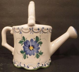 Porcelain Watering Can Blue Yellow Floral Flowers Hand Painted Two Handle