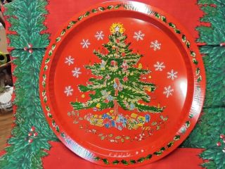 Vintage Metal Christmas Tin Serving Platter Tray Christmas Tree Gifts 13 " Round