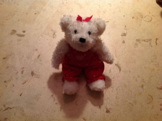 White Hallmark Plush Teddy Bear Wearing Red Overalls With Hearts Valentine 