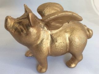 Gold - Colored Pig With Wings Fly Figurine.  4” X 3” Cast Iron? Brass? A5