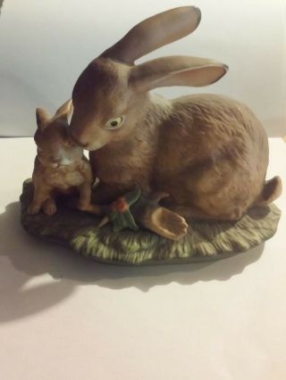 Homco Master Piece Porcelain Mother W/baby Rabbit W/holly Hand Painted