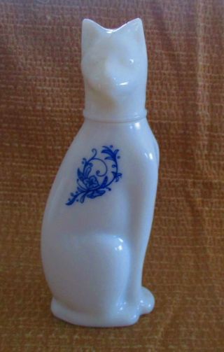 Vintage 1971 Avon Ming Cat Perfume Bottle Decanter Milk Glass Blue Floral